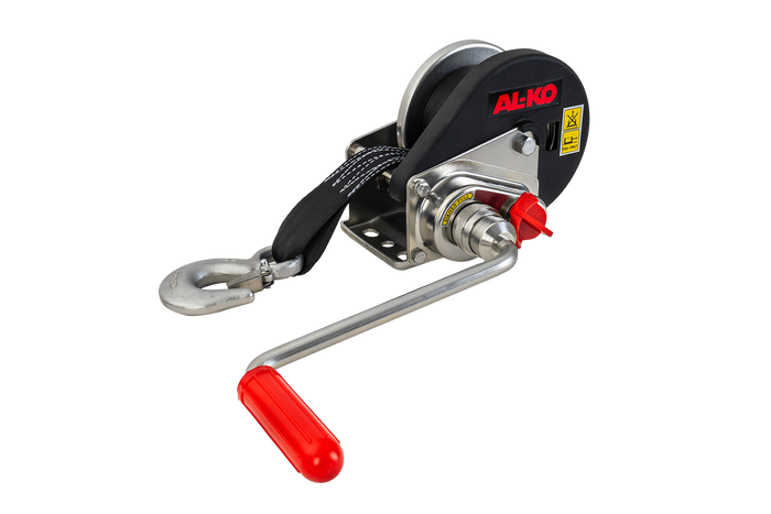 Kézi csörlő AL-KO utánfutóhoz 450 kg-os, 6 m-es hevederrel, fékkel és automatikus letekerccsel