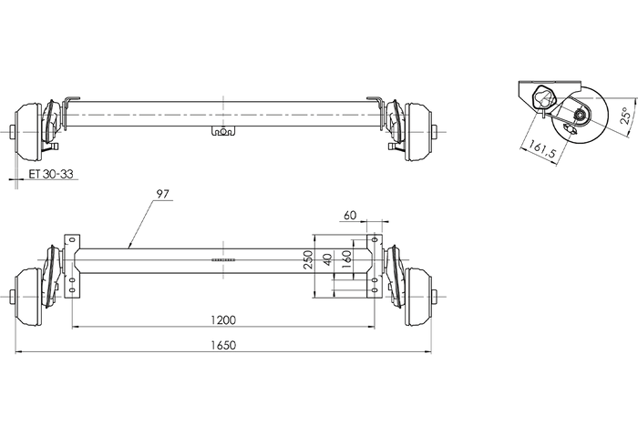 AL-KO COMPACT fékező tengely pótkocsihoz/szállítóhoz 1350kg 1200mm 1650mm 4x100