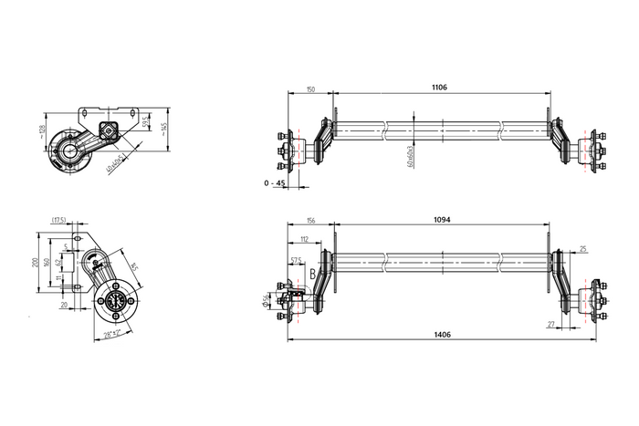 KNOTT VG7-L fékezetlen hajóutánfutó tengely 750kg 1094mm 1406mm 4x100
