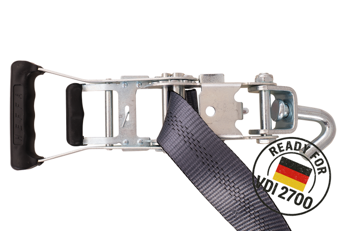 Négy darabos HEFFA CARLINE 130 pótkocsi szállító hevederkészlet, kerékrögzítő hevederek 2,8 m/50 mm/5 t VDI 2700