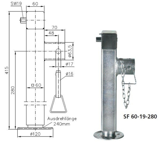Kihúzható tartó hajtókarral és adapterrel WINTERHOFF SF60-19-280 1300 kg-os platós pótkocsihoz 415-655 mm