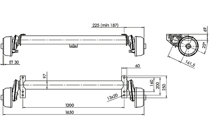 AL-KO COMPACT fékező tengely pótkocsihoz/szállítóhoz 1500kg 1200mm 1650mm 5x112