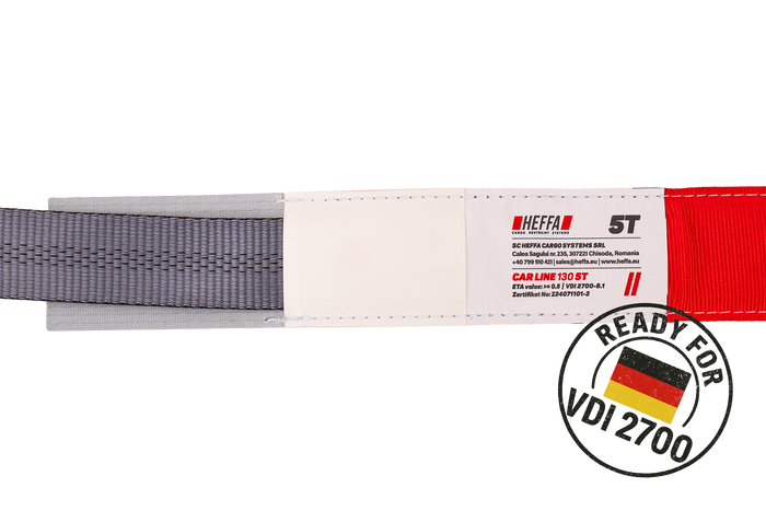 Négy darabos HEFFA CARLINE 130 pótkocsi szállító hevederkészlet, kerékrögzítő hevederek 2,8 m/50 mm/5 t VDI 2700