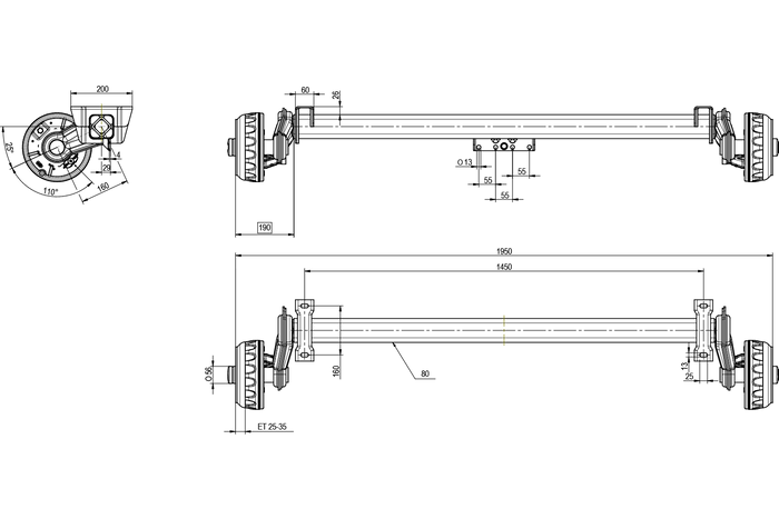 KNOTT VGB13M fékezett tengely pótkocsihoz/szállítóhoz 1350kg 1450mm 1950mm 5x112