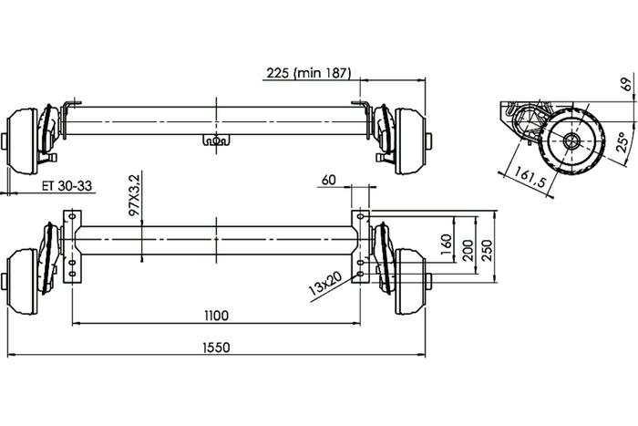 AL-KO COMPACT fékező tengely pótkocsihoz/szállítóhoz 1350kg 1100mm 1550mm 5x112