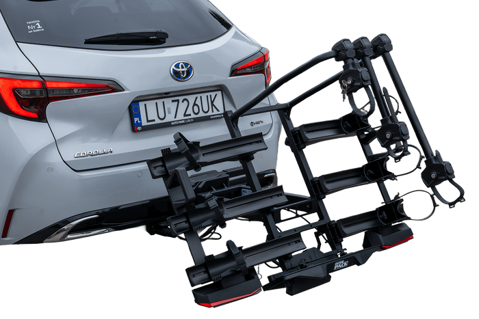 Inter Pack Velox 3 LED - összecsukható, vonóhorogra szerelhető kerékpártartó 3 kerékpárhoz LED lámpákkal (fekete)