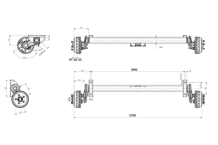 KNOTT VGB13M fékezett tengely pótkocsihoz/autószállítóhoz 1350kg 1900mm 2350mm 5x112