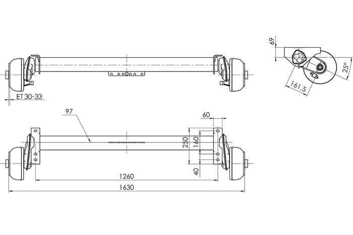 AL-KO COMPACT fékező tengely pótkocsihoz/szállítóhoz 1350kg 1260mm 1630mm 5x112