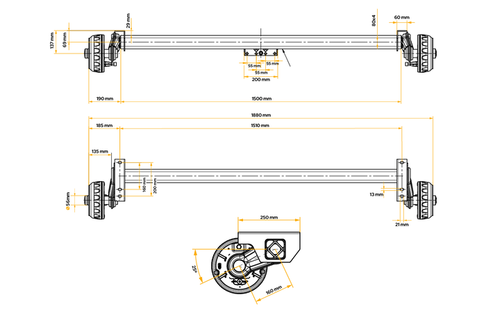 KNOTT VGB13M fékezett tengely pótkocsihoz/autószállítóhoz 1350kg 1510mm 1880mm 5x112