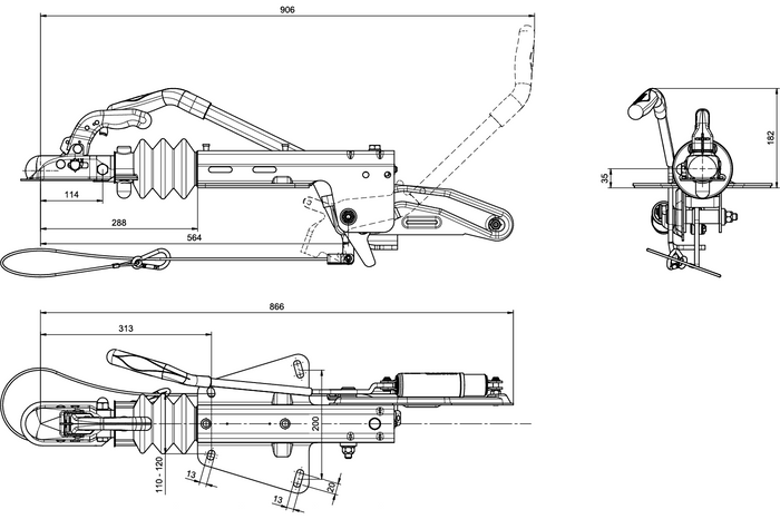 KNOTT KF20A ráfutószerkezet K20B vonóhoroggal 2000 kg-os pótkocsihoz V-típusú vonórúddal