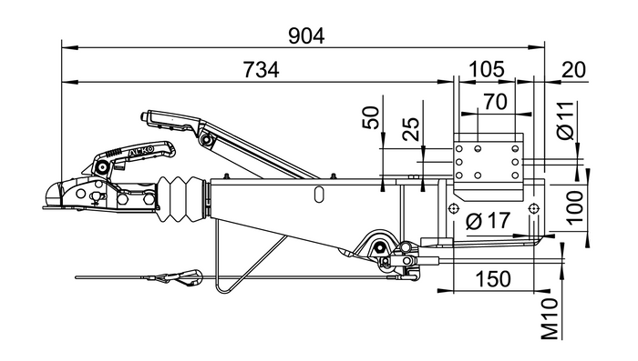 AL-KO 251S ráfutószerkezet AK270 vonóhoroggal 2600 kg-os pótkocsihoz, négyszögletes vonórúddal