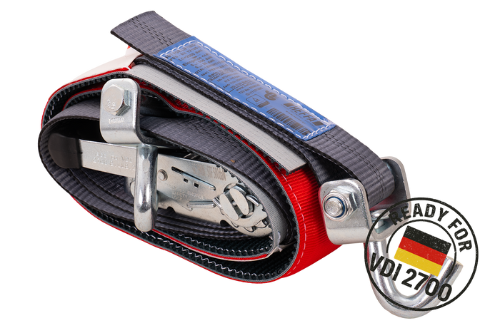 Négy darabos HEFFA CARLINE 130 pótkocsi szállító hevederkészlet, kerékrögzítő hevederek 2,8 m/50 mm/5 t VDI 2700