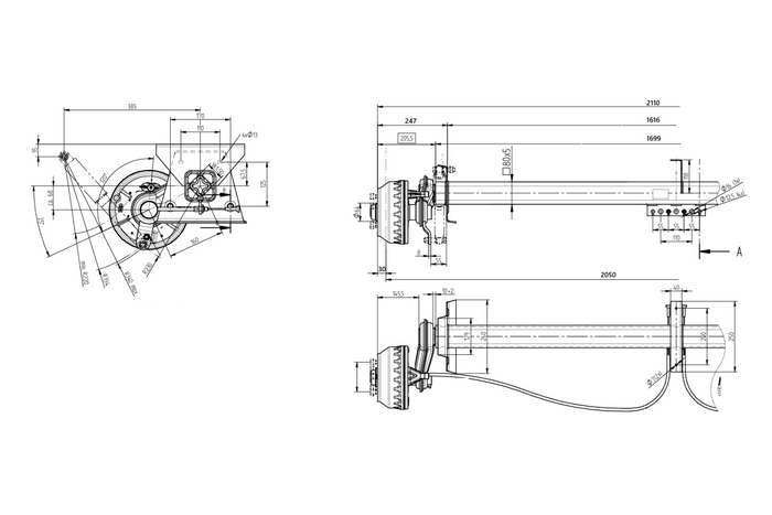 KNOTT VGB15MV fékezett tengely pótkocsihoz/szállítóhoz 1550kg 1616mm 2110mm 5x112