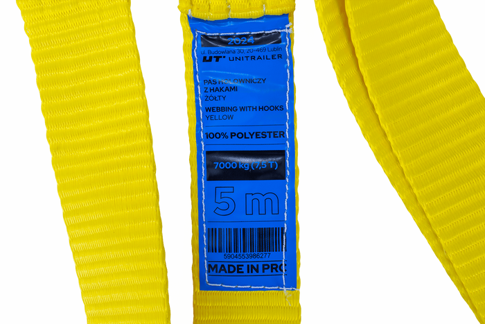 UNITRAILER vontatókötél horgokkal, vontatópánt 5m/50mm/7.5t sárga