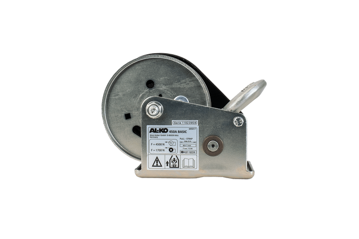 Kézi csörlő AL-KO utánfutóhoz 450 kg-os, 6 m-es hevederrel, fékkel és automatikus letekerccsel