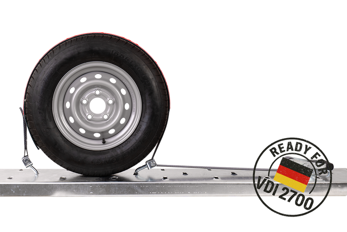 Négy darabos HEFFA CARLINE 130 pótkocsi szállító hevederkészlet, kerékrögzítő hevederek 2,8 m/50 mm/5 t VDI 2700