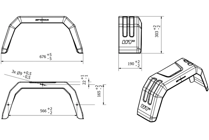 Két darabos sárvédő készlet 13-14"-os UNITRAILER pótkocsihoz, lapos kerékívekkel 676/190 mm