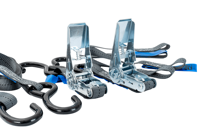 Két HILLS 3 m/25 mm/1 t szállítóheveder feszítővel és két 0,45 m-es heveder a motorkerékpár rögzítéséhez