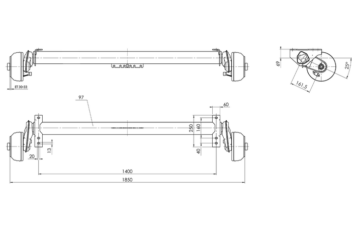 AL-KO COMPACT fékező tengely pótkocsihoz/szállítóhoz 1350kg 1400mm 1850mm 5x112