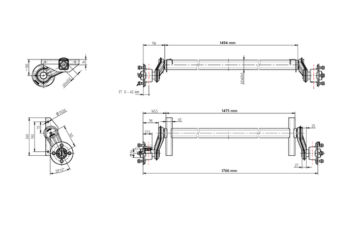 KNOTT VG7-L fékezetlen hajóutánfutó tengely 750kg 1475mm 1766mm 4x100