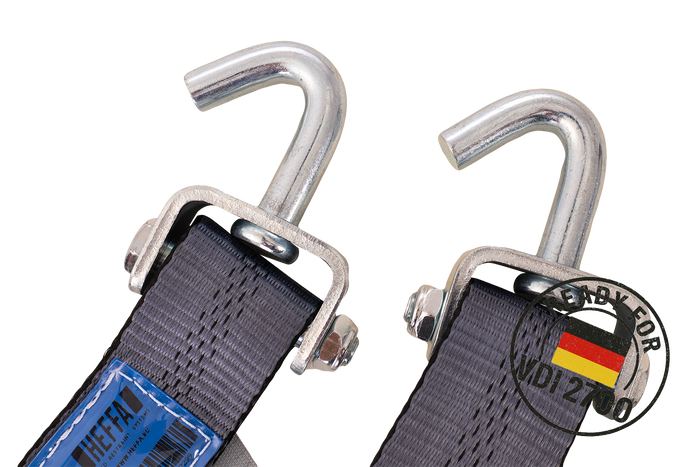 Négy darabos HEFFA CARLINE 130 pótkocsi szállító hevederkészlet, kerékrögzítő hevederek 2,8 m/50 mm/5 t VDI 2700