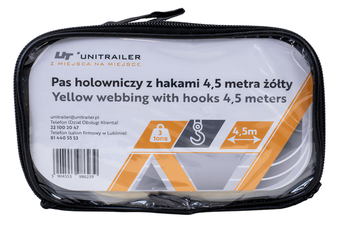 UNITRAILER vontatókötél horgokkal, vontatópánt 4,5m/50mm/3t sárga