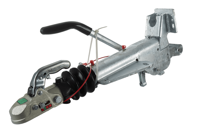 KNOTT KF27B ráfutószerkezet K27A vonóhoroggal 2700 kg-os pótkocsihoz, V-típusú vonórúddal és támasztókerék-konzollal