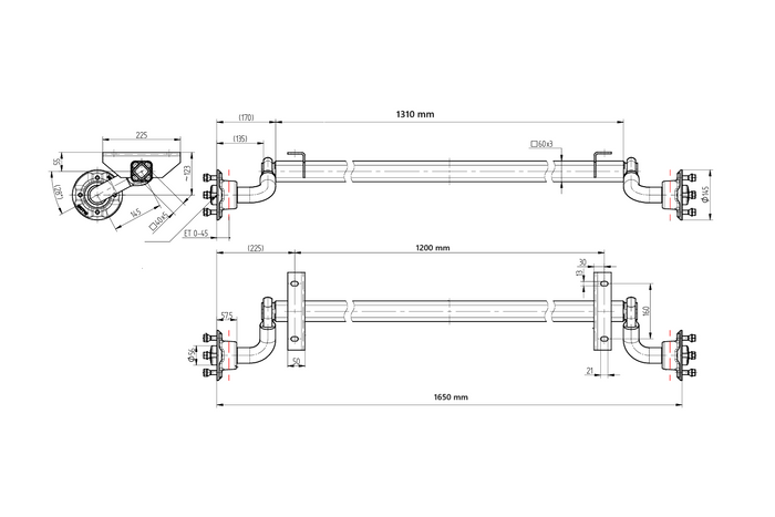 KNOTT VG7-L fékezetlen pótkocsi tengely 750kg 1200mm 1650mm 4x100