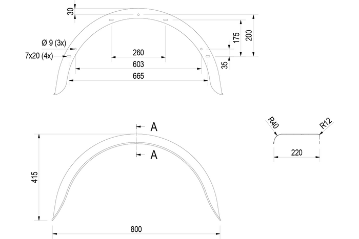 Két darabos sárvédő készlet 15-16"-os DE HAAN HR 2280 utánfutóhoz, 800/220 mm-es kerékívekkel