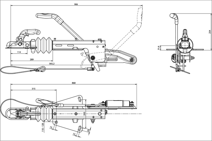 KNOTT KF13E ráfutószerkezet KK14B vonóhoroggal 1400 kg-os pótkocsihoz V-típusú vonórúddal