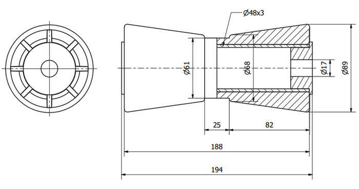 TULPLAST 194 mm-es alsó gerinc-, hajótest- és orrgörgő hajóutánfutóhoz