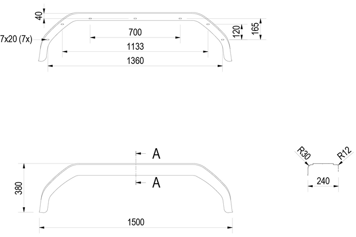 Két darabos tandem sárvédő készlet 15-16"-os utánfutóhoz DE HAAN THMK 24150 kerékívek 1500/240 mm