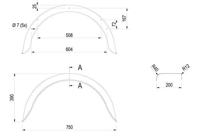 Két darabos sárvédő készlet 14-15"-os DE HAAN HR 2075 utánfutóhoz, kerékjárati ívek 750/200 mm