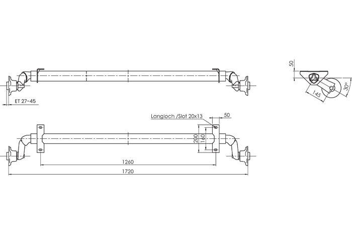 AL-KO OPTIMA fékezetlen pótkocsi tengely 750kg 1260mm 1720mm 4x100
