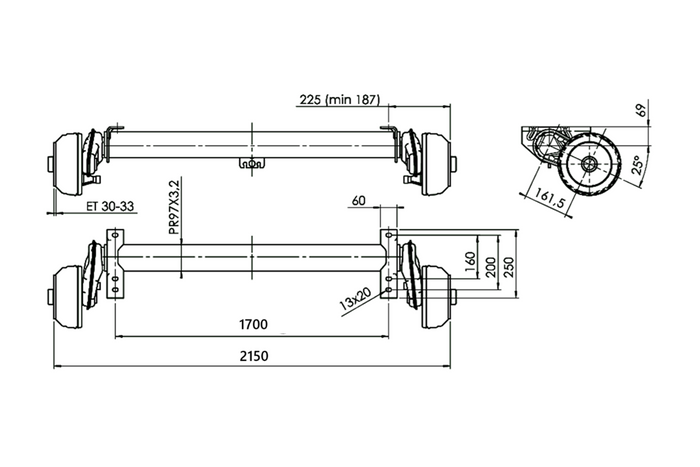 AL-KO COMPACT fékező tengely pótkocsihoz/szállítóhoz 1350kg 1700mm 2150mm 5x112