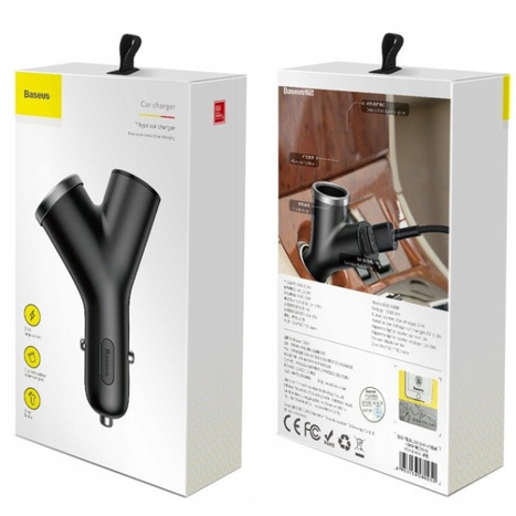 BASEUS Y típusú 2xUSB autós töltő, szivargyújtó aljzat 40W