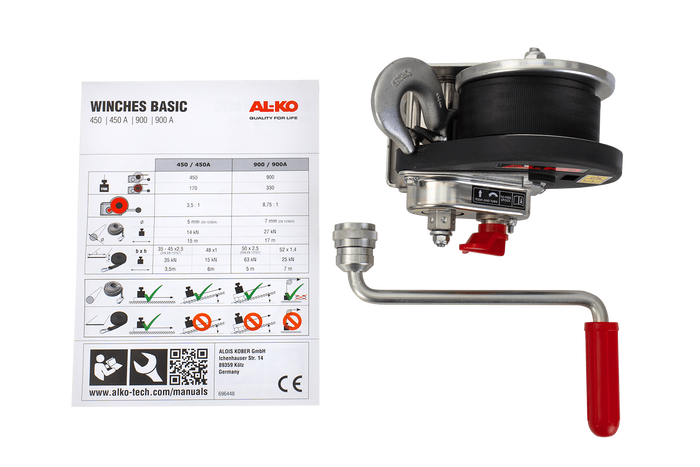 Kézi csörlő AL-KO utánfutóhoz 450 kg-os, 6 m-es hevederrel, fékkel és automatikus letekerccsel