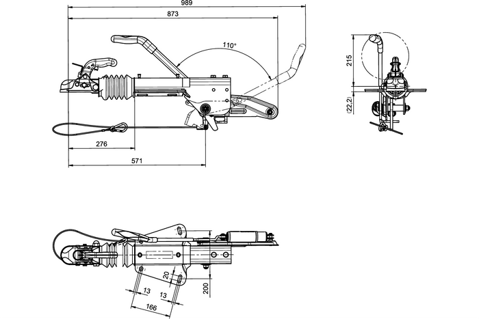 KNOTT KF27B ráfutószerkezet K27A vonóhoroggal 2700 kg-os pótkocsihoz V-típusú vonórúddal