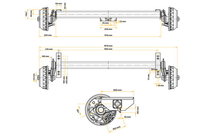 KNOTT VGB18MV fékezett tengely pótkocsihoz/szállítóhoz 1800kg 1100mm 1570mm 5x112