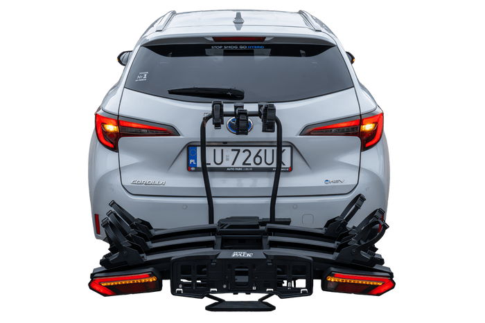 Inter Pack Velox 3 LED - összecsukható, vonóhorogra szerelhető kerékpártartó 3 kerékpárhoz LED lámpákkal (fekete)
