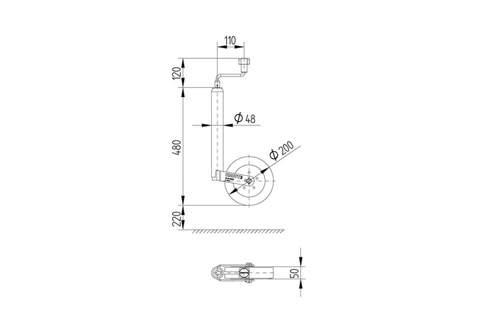 Öntöttvas szorítóval ellátott támasztókerék KNOTT TK48+LBG48 150kg 48mm 480-700mm