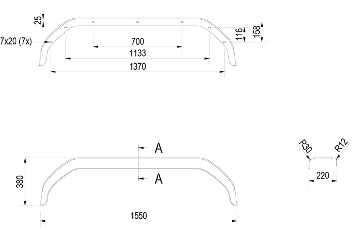 Két darabos tandem sárvédő készlet 14-15"-os utánfutóhoz DE HAAN THMK 22155 kerékívek 1550/220 mm