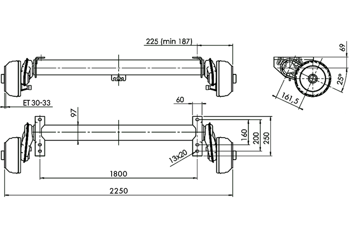 AL-KO COMPACT fékező tengely pótkocsihoz/szállítóhoz 1350kg 1800mm 2250mm 5x112