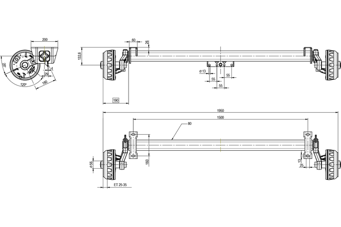 KNOTT VGB13 fékezett tengely pótkocsihoz/szállítóhoz 1350kg 1500mm 1950mm 4x100