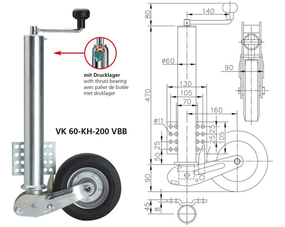 WINTERHOFF VK60-KH-200VBB automata támasztókerék fogantyúval 250kg 60mm 560-1030mm