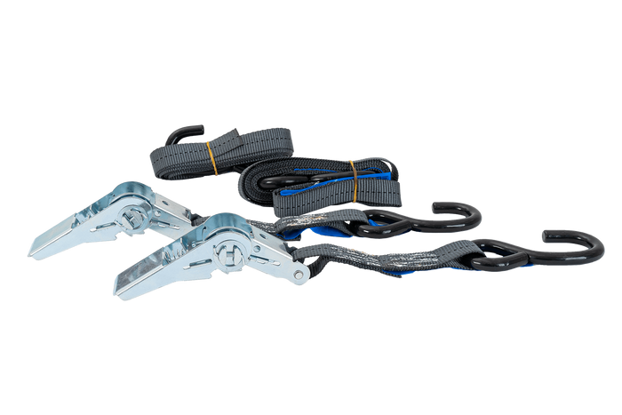 Két HILLS 3 m/25 mm/1 t szállítóheveder feszítővel és két 0,45 m-es heveder a motorkerékpár rögzítéséhez