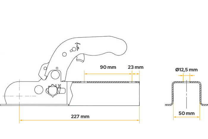 KNOTT K7.5-K gömbfejes vonóhorog 750 kg-os pótkocsihoz, 50 mm-es négyzet alakú vonórúddal