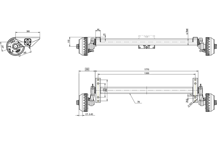 KNOTT VGB15M/MV fékezett tengely pótkocsihoz/autószállítóhoz 1500kg 1300mm 1770mm 5x112