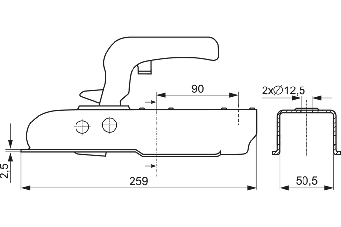 STEELPRESS ZSK-0750H gömbfejes vonóhorog 750 kg-os pótkocsihoz, 50 mm-es négyzet alakú vonórúddal