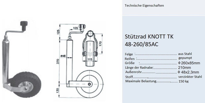 KNOTT TK48 támasztókerék, pneumatikus kerék, 150kg, 48mm, 500-720mm